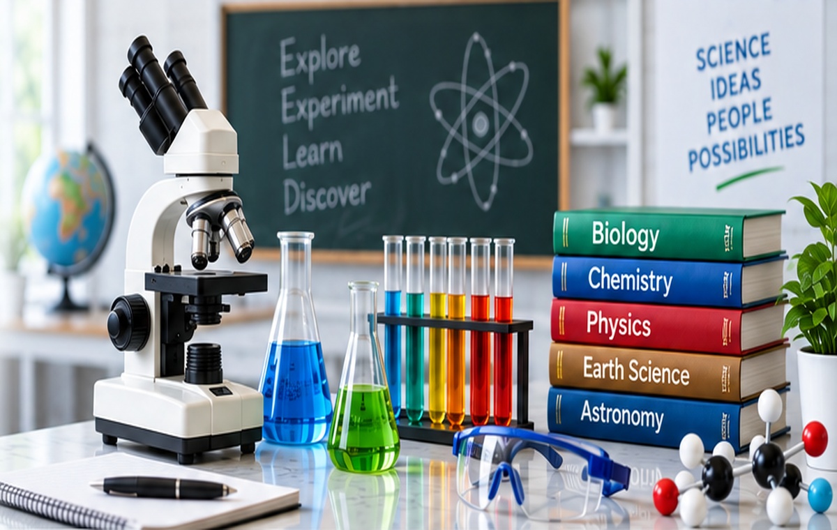 Microscope, colorful laboratory glassware, science books and molecular models